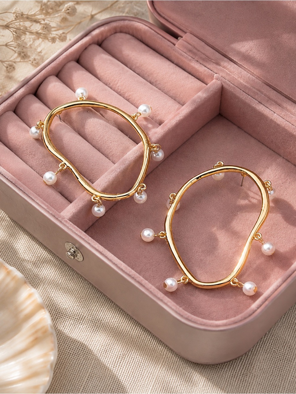 Anthropologie Gold Hoop Earrings with White Pearls
